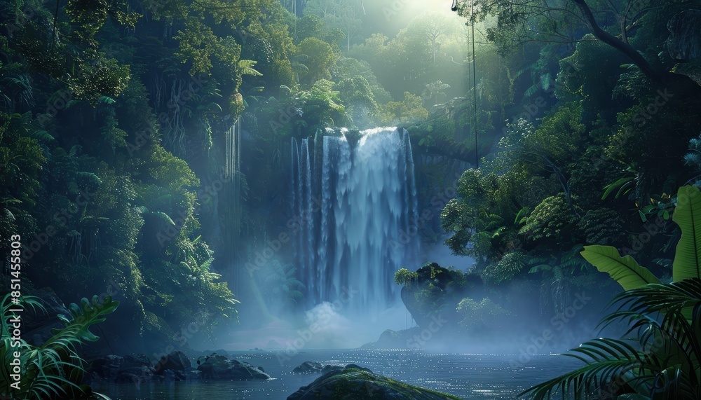 Serene waterfall flowing through lush green forest, with mist rising from the water creating a tranquil and mystical atmosphere. Serene waterfall flowing through lush green forest, with mist rising from the water creating a tranquil and mystical atmosphere.