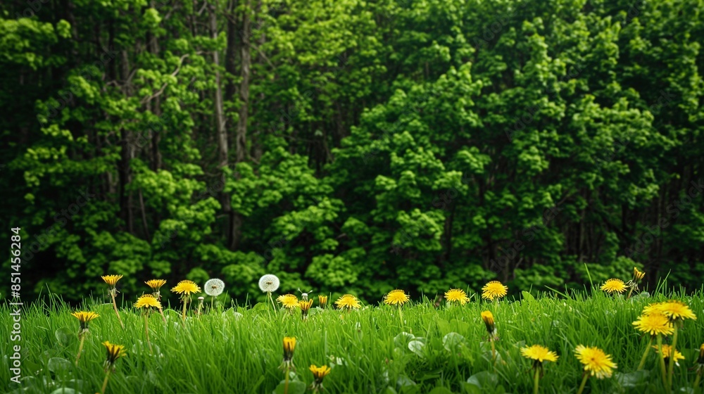 Obraz premium A peaceful spring garden with fresh green grass, bright dandelions in full bloom, and a backdrop of dense, leafy trees.
