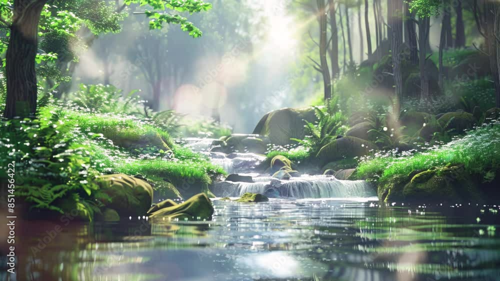 beautiful atmosphere of green forest and flowing river and sun beautiful atmosphere of green forest and flowing river and sun