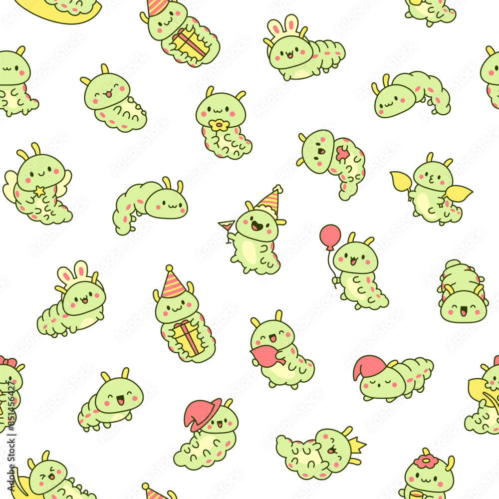 Obraz premium Cute kawaii caterpillar. Seamless pattern. Cartoon little insect characters. Hand drawn style. Vector drawing. Design ornaments.