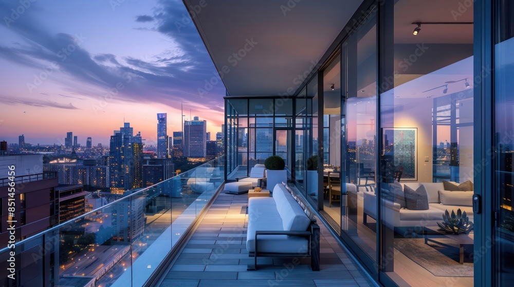 Fototapeta premium contemporary balcony with glass balustrades, sleek outdoor furniture, and a stunning view of the skyline at dusk