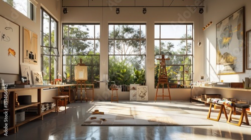 contemporary art studio with large windows, plenty of natural light, and ample space for creative projects
