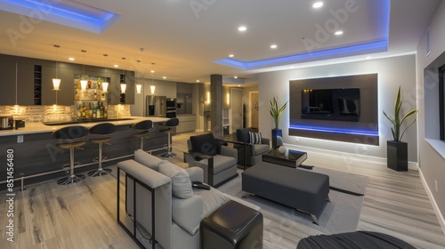 contemporary basement remodel featuring a bar area, lounge seating, and modern lighting for a stylish entertainment space © Aeman