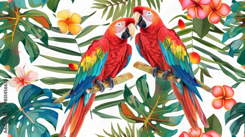 Fototapeta premium Tropical Paradise: Two Macaws Amidst Lush Foliage