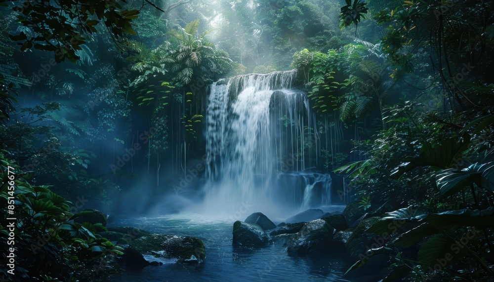 Stunning waterfall in lush tropical jungle with mist creating a mystical atmosphere, surrounded by rich green foliage and serene waters. Stunning waterfall in lush tropical jungle with mist creating a mystical atmosphere, surrounded by rich green foliage and serene waters.