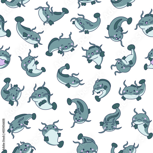 Cute kawaii catfish in different poses. Seamless pattern. Funny cartoon aquatic animal character. Hand drawn style. Vector drawing. Design ornaments.