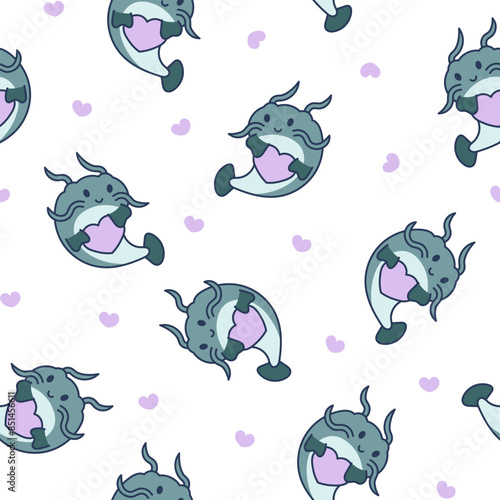 Cute kawaii catfish in different poses. Seamless pattern. Funny cartoon aquatic animal character. Hand drawn style. Vector drawing. Design ornaments.
