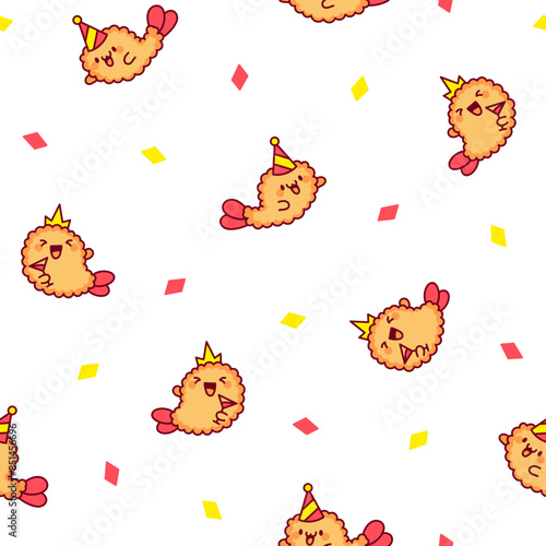 Funny tempura shrimp characters. Seamless pattern. Cute cartoon japanese food. Hand drawn style. Vector drawing. Design ornaments.