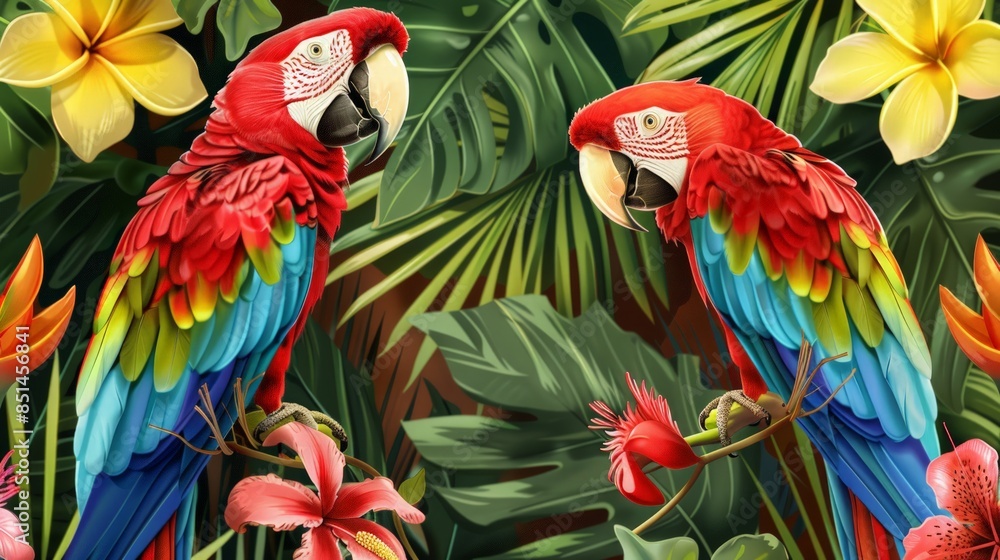 Fototapeta premium Two Macaws Perched Amid Lush Tropical Foliage