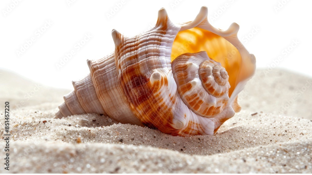 An isolated seashell on sand with a white background An isolated seashell on sand with a white background