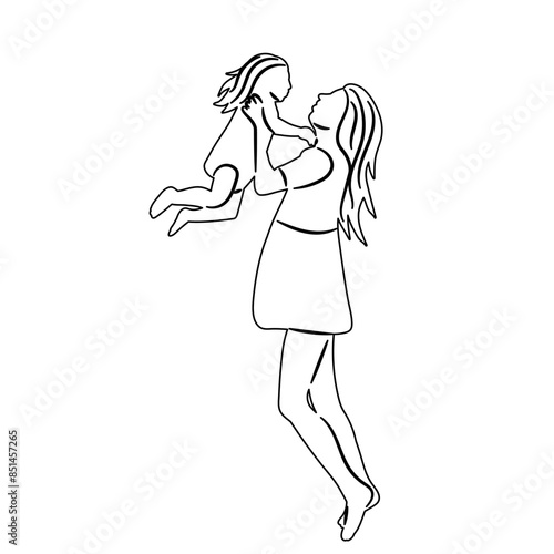 mother plays with baby outline sketch