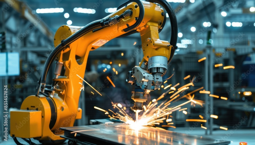 Yellow industrial robot arm welding a metal sheet in a modern factory setting with sparks flying. Yellow industrial robot arm welding a metal sheet in a modern factory setting with sparks flying.