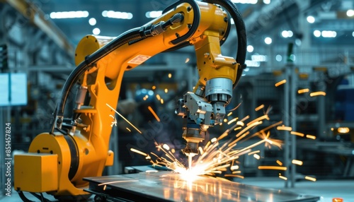 Yellow industrial robot arm welding a metal sheet in a modern factory setting with sparks flying.