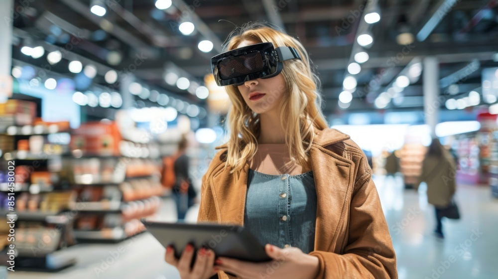 Blurred stylish woman using augmented reality glasses while handling a tablet in a contemporary store setting Blurred stylish woman using augmented reality glasses while handling a tablet in a contemporary store setting