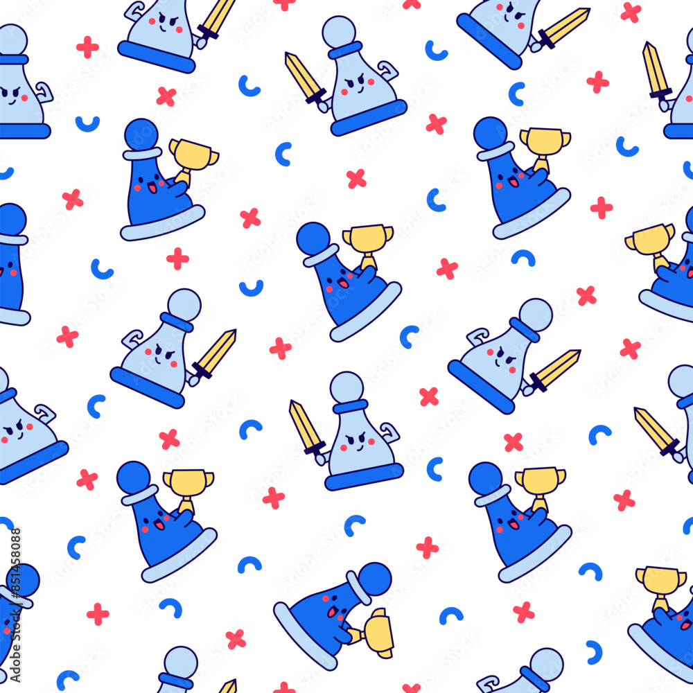 Cute chess pawn with happy face. Seamless pattern. Cartoon kawaii character. Hand drawn style. Vector drawing. Design ornaments. Cute chess pawn with happy face. Seamless pattern. Cartoon kawaii character. Hand drawn style. Vector drawing. Design ornaments.