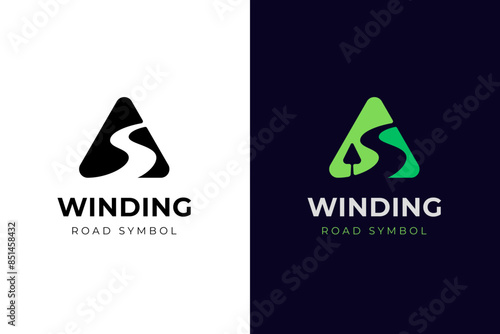 winding road with triangle street logo icon design, vector direction travel symbol graphic concept for the traveler, tourism symbol