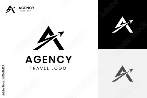 Letter a travel agency logo icon design. vector triangle with plane high flight graphic idea for travel agency logo concept