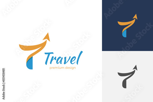 Initial letter T for travel logo design. vector initial t letter and flight plane graphic idea for travel agency logo concept