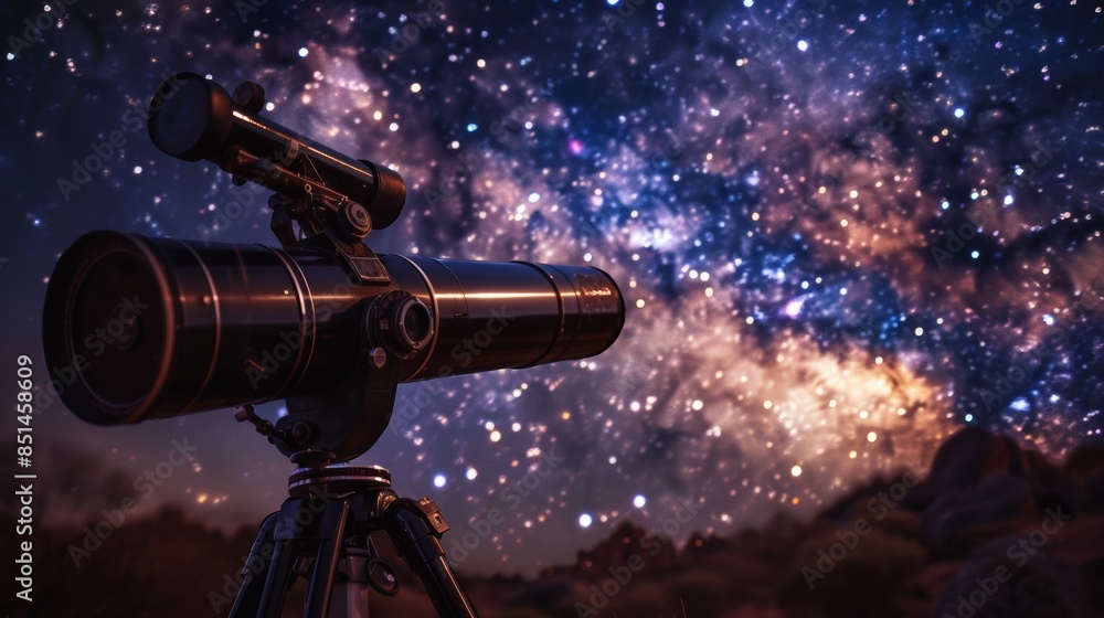 A close-up photograph of a telescope pointed towards the night sky, with a backdrop of stars and the Milky Way A close-up photograph of a telescope pointed towards the night sky, with a backdrop of stars and the Milky Way