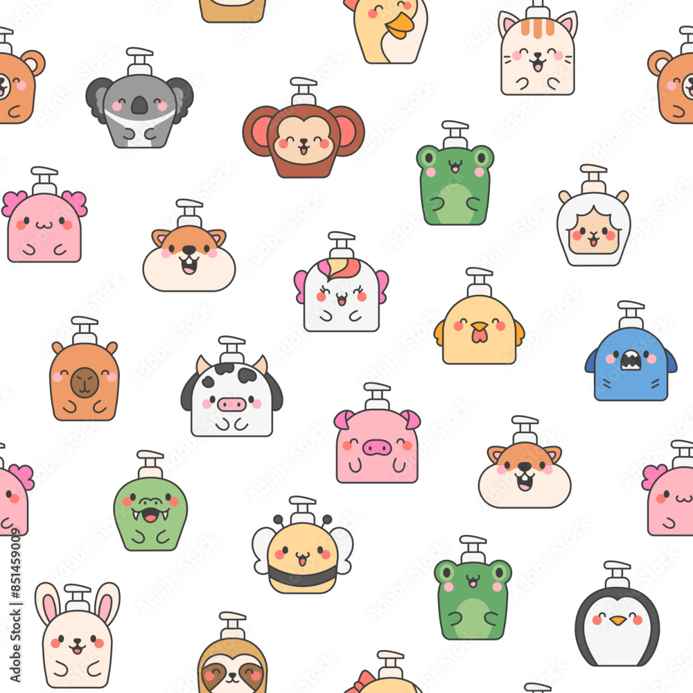 Liquid soap bottles with animals face. Seamless pattern. Bath and shower product. Hand drawn style. Vector drawing. Design ornaments. Liquid soap bottles with animals face. Seamless pattern. Bath and shower product. Hand drawn style. Vector drawing. Design ornaments.