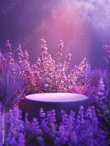 3D modern futuristic podium for demonstrating purple products, magical mystical atmosphere, lavender bushes, esotericism.