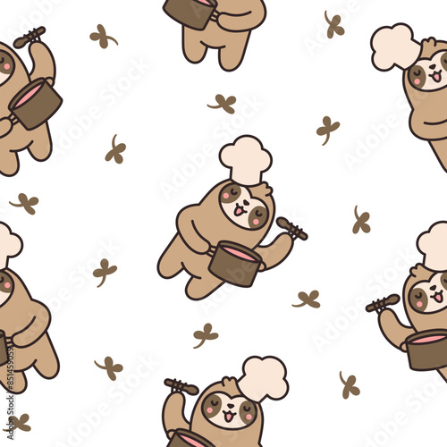 Cute kawaii sloth character. Seamless pattern. Cartoon funny wild animal. Hand drawn style. Vector drawing. Design ornaments.