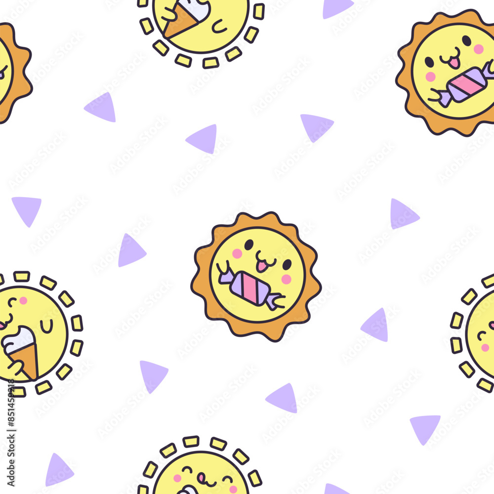 Cute kawaii sun with face. Seamless pattern. Cartoon smiling characters. Hand drawn style. Vector drawing. Design ornaments. Cute kawaii sun with face. Seamless pattern. Cartoon smiling characters. Hand drawn style. Vector drawing. Design ornaments.