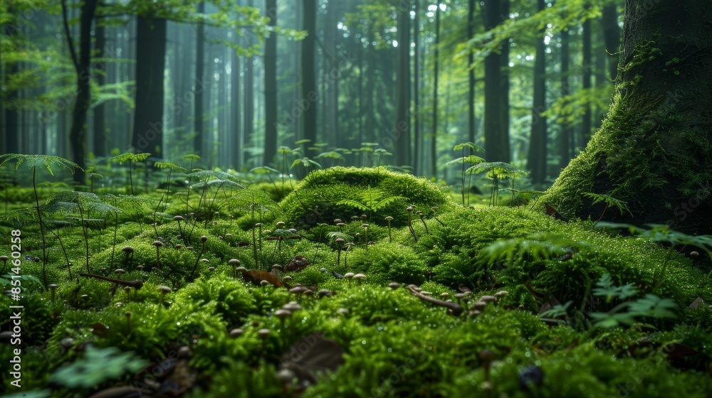 An image of a dense, moss-covered forest floor, with ferns, mushrooms, and insects, showcasing the intricate interactions between different organisms in a biodiverse ecosy An image of a dense, moss-covered forest floor, with ferns, mushrooms, and insects, showcasing the intricate interactions between different organisms in a biodiverse ecosy