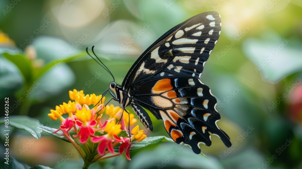Obraz premium A close-up of a tropical butterfly resting on a flower, with a blurred background of lush vegetation, illustrating the symbiotic relationship between pollinators and plant