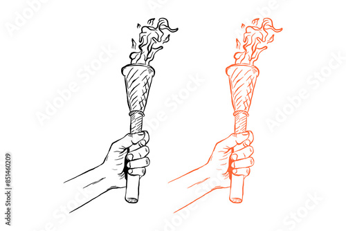 Hand holding fire torch, hand drawn line sketch vector illustration