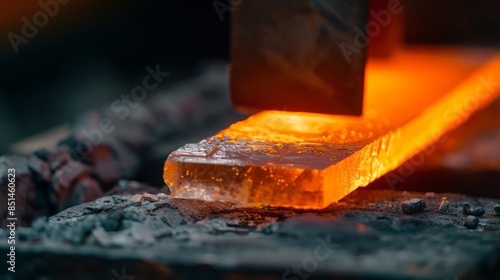 Close-up of a glowing hot metal bar being forged with a press in a blacksmith's workshop. The intense heat and force shape the iron.