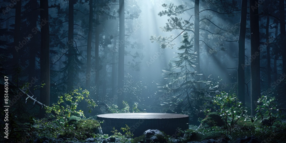 night, lights, shining, fantasy forest background with low podium for product presentation, realistic photo, cinematographic, deep light, shadows night, lights, shining, fantasy forest background with low podium for product presentation, realistic photo, cinematographic, deep light, shadows