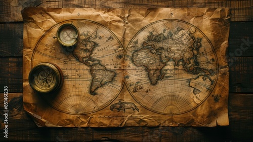 An antique map spread out on a wooden table, depicting the continents and hemispheres with detailed cartographic illustrations, evoking a sense of historical exploration an
