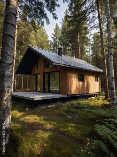 Small wooden house, Scandinavian style, metal roof, forest.