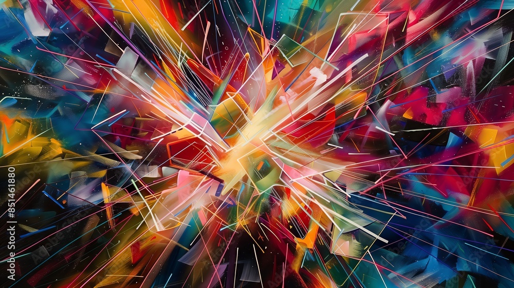 Vibrant abstract art with multicolored lines and geometric shapes radiates dynamically from the center.