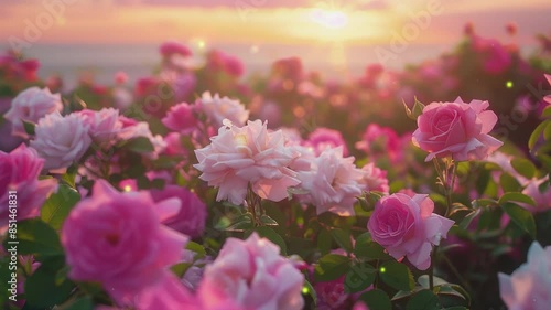 Wallpaper Mural Blooming pink and white rose flowers in garden with sunset sky Torontodigital.ca