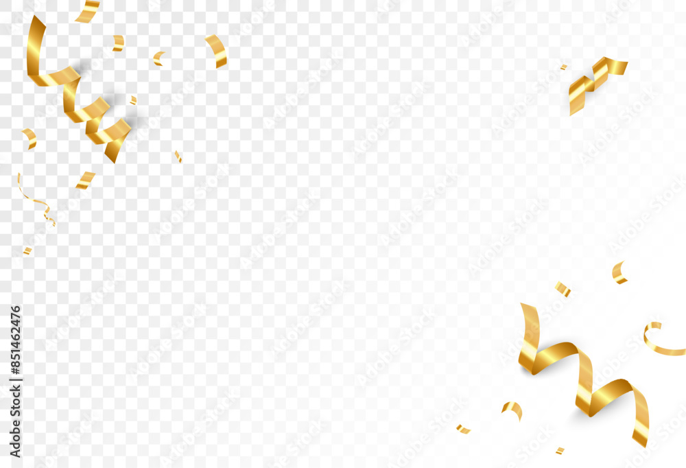 Obraz premium Celebration party banner with gold confetti and ribbons background. Sale Vector illustration. Grand Opening Card luxury greeting rich.