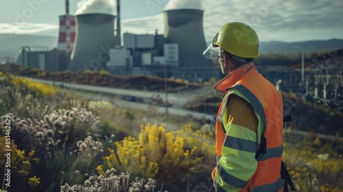 Nuclear power plant engineer A man with a beard in a protective helmet and an orange vest stands against the background of a nuclear power plant. Work inspection