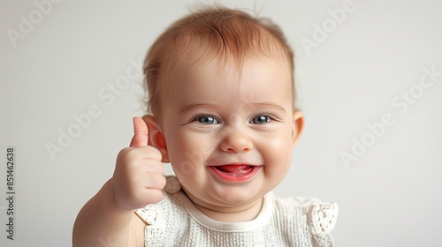 A laughing baby in a white outfit giving a thumbs up, expressing joy and approval with a clear white backdrop