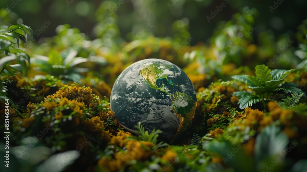 A macro photograph of a small, terrestrial globe surrounded by lush greenery, illustrating the planet's natural beauty and the importance of preserving its terrestrial A macro photograph of a small, terrestrial globe surrounded by lush greenery, illustrating the planet's natural beauty and the importance of preserving its terrestrial