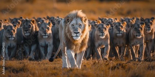Lone Powerful White Lion Leading a Pride of Grey Companions in Savanna Grasslands