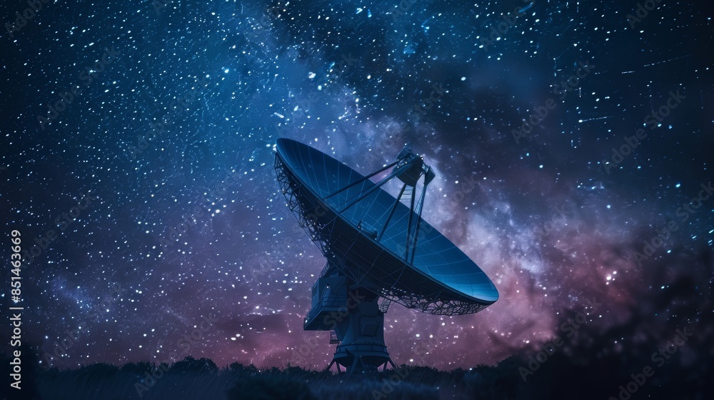 A close-up photograph of a satellite dish receiving signals from space, with a backdrop of the night sky filled with stars A close-up photograph of a satellite dish receiving signals from space, with a backdrop of the night sky filled with stars