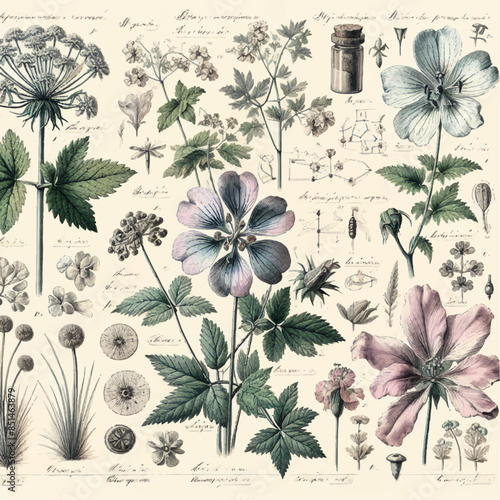 Detailed 19th Century Botanical Watercolour Illustration with Labeled Flowers and Plants