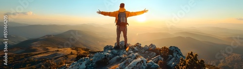 Man Reaching the Summit with Triumphant Posture in Scenic Mountain Landscape photo
