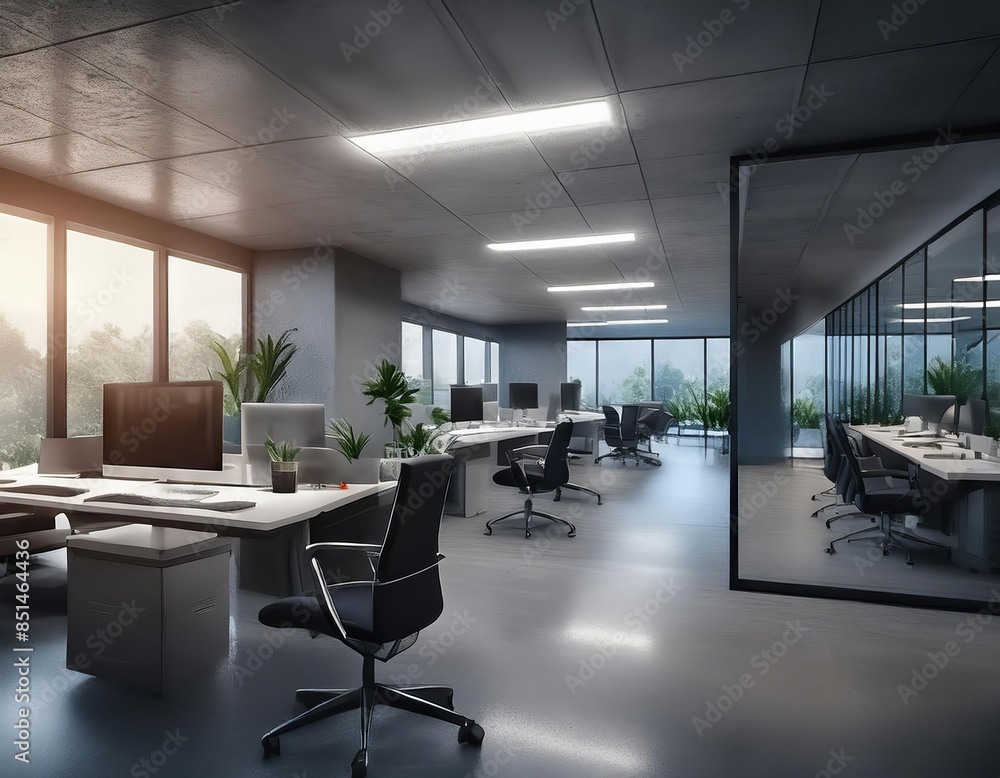 Modern office interior with white walls, concrete floor and rows of white computer tables. 3d rendering mock up Modern office interior with white walls, concrete floor and rows of white computer tables. 3d rendering mock up