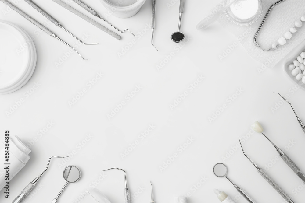 A collection of dental tools and instruments is neatly arranged in a circular layout against a white background.Ideal for promoting dental care,professional oral hygiene services,educational materials A collection of dental tools and instruments is neatly arranged in a circular layout against a white background.Ideal for promoting dental care,professional oral hygiene services,educational materials