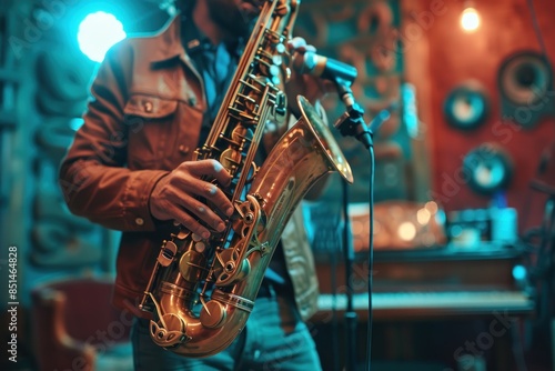 A man playing a saxophone in a dimly lit room