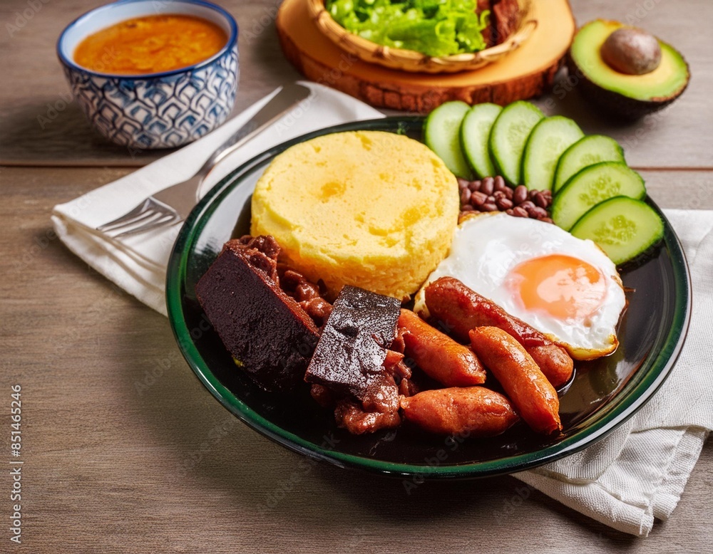 Bandeja paisa, typical dish at the Antioqueña region of Colombia. It consists of chicharrón (fried pork belly), black pudding, sausage, arepa, beans, fried plantain, avocado egg, and rice Bandeja paisa, typical dish at the Antioqueña region of Colombia. It consists of chicharrón (fried pork belly), black pudding, sausage, arepa, beans, fried plantain, avocado egg, and rice