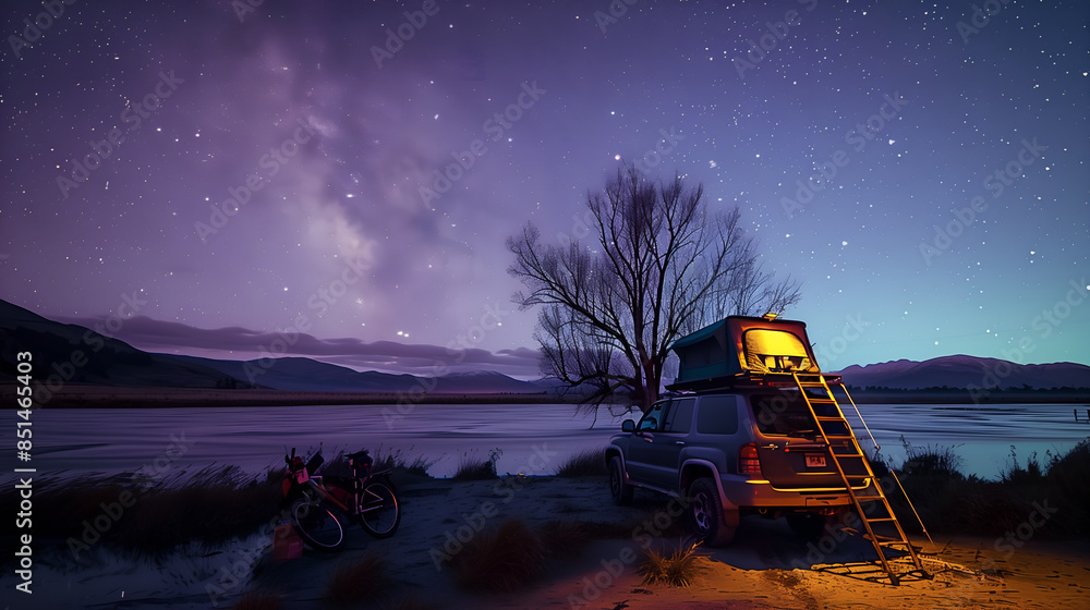 Car camping under the stars during midnight. Car camping under the stars during midnight.