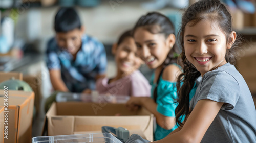 A candid telephoto angle capture of children helping their parents unpack kitchen items, smiling and engaged, environmental scientists, engineers, activists working, environmental